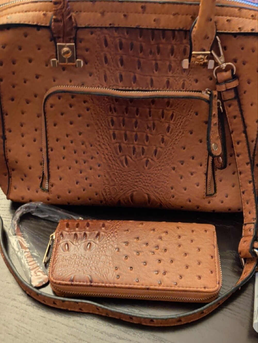 Structured Crocodile Ostrich Texture Vegan Leather Satchel 2 Piece Set. New